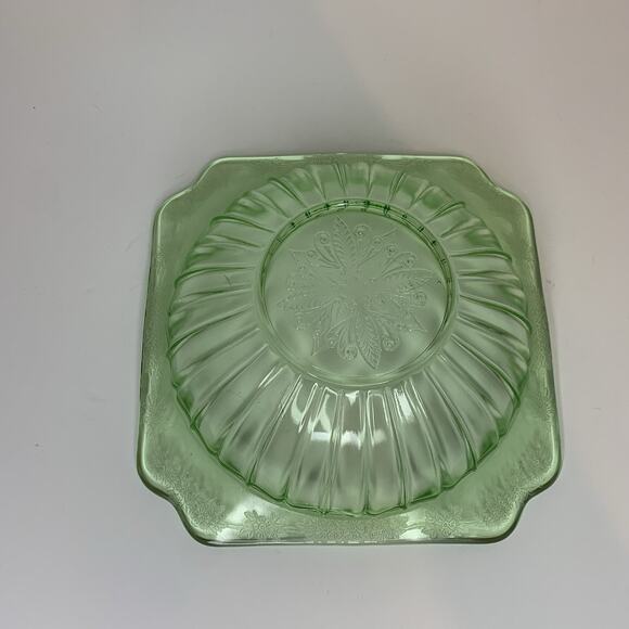 Vintage Jeannette Uranium Glass Bowl Adam Green Pattern with Cherry Blossoms - Picture 5 of 9
